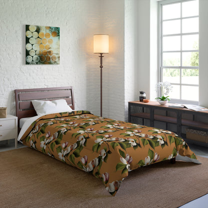 Dogwood Blossoms on Light Brown Comforter