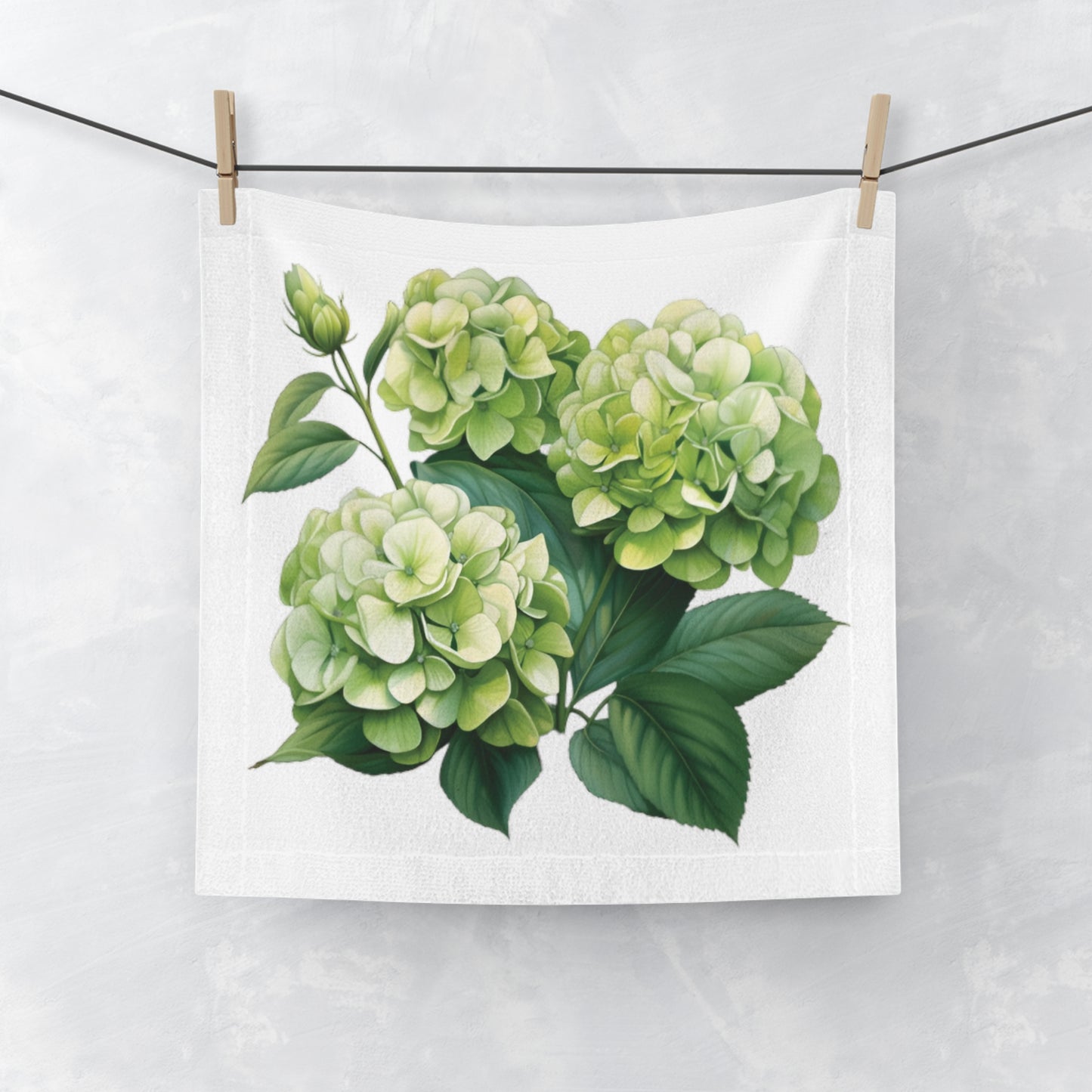 Green Hydrangea on White Face Towel