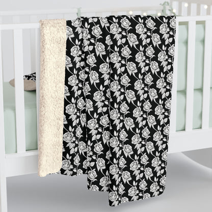 Black and White Floral Sherpa Fleece Blanket