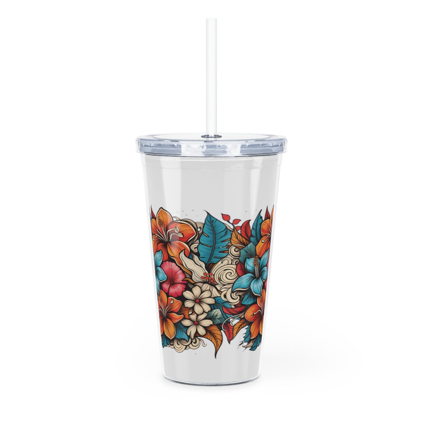 floral plastic cup with straw