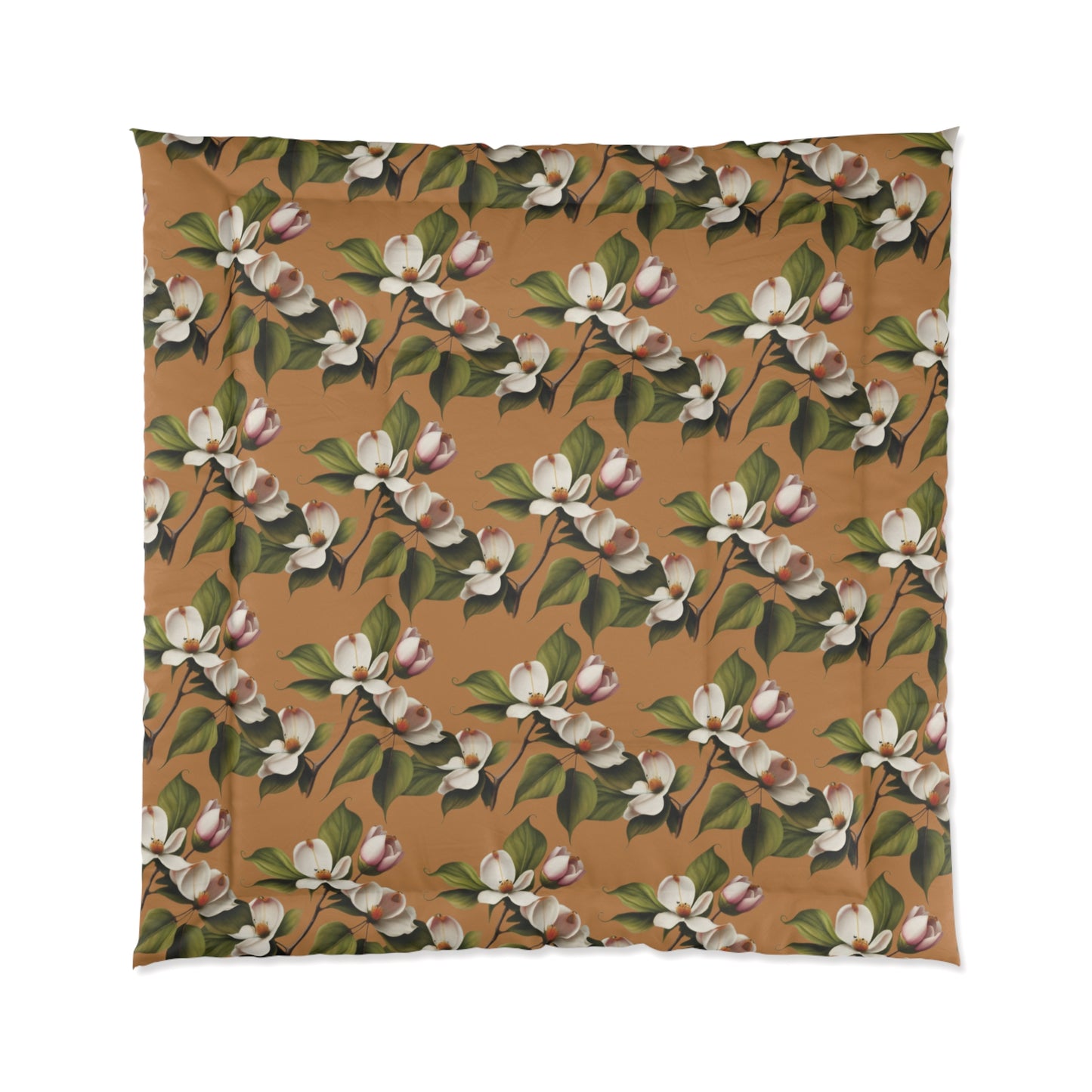 Dogwood Blossoms on Light Brown Comforter