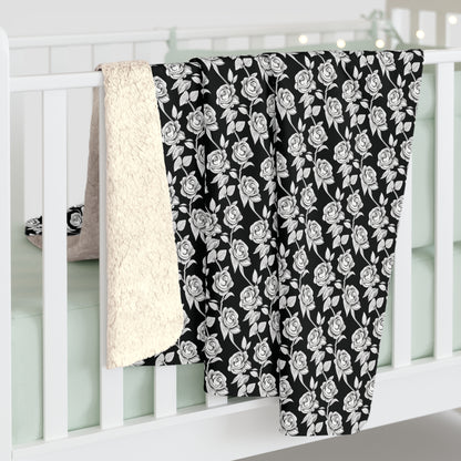 Black and White Floral Sherpa Fleece Blanket