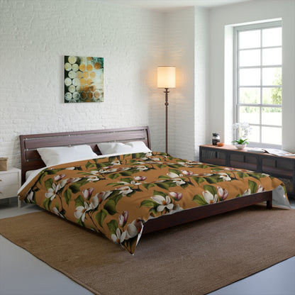 Dogwood Blossoms on Light Brown Comforter