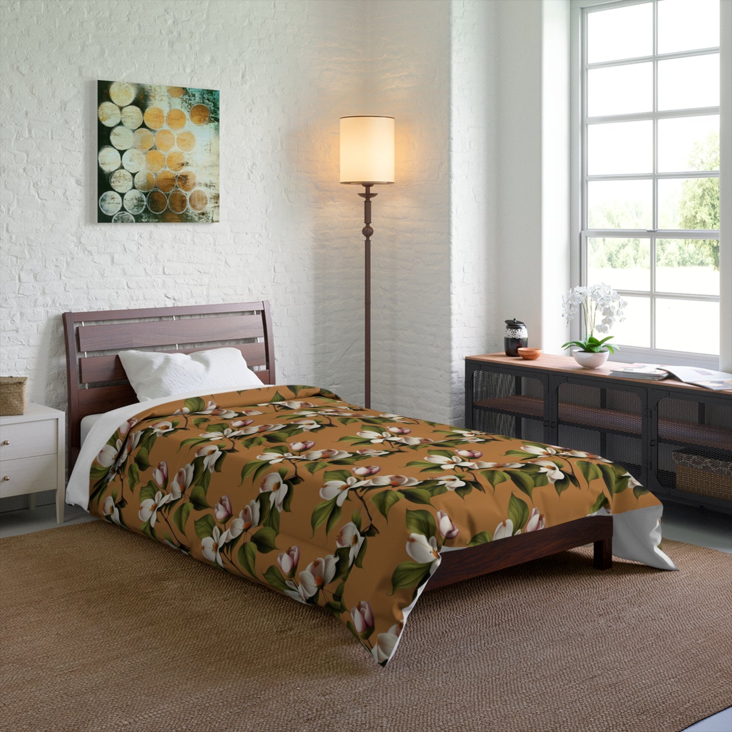 Dogwood Blossoms on Light Brown Comforter