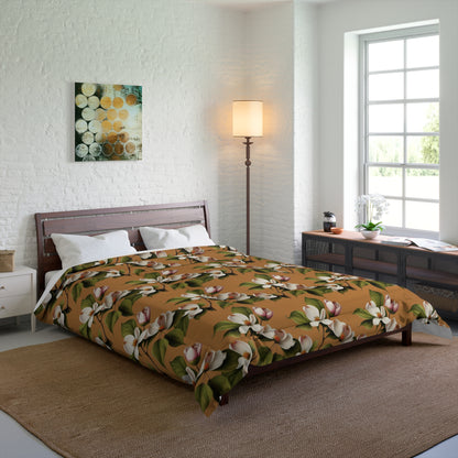 Dogwood Blossoms on Light Brown Comforter