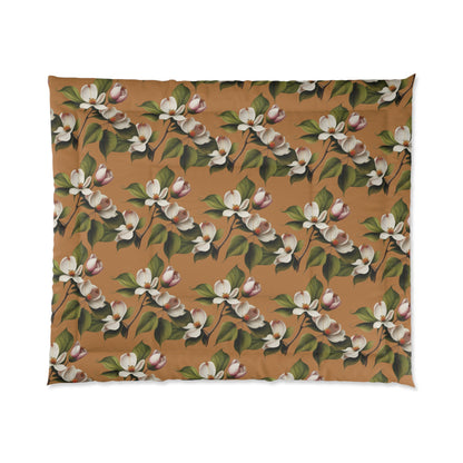 Dogwood Blossoms on Light Brown Comforter