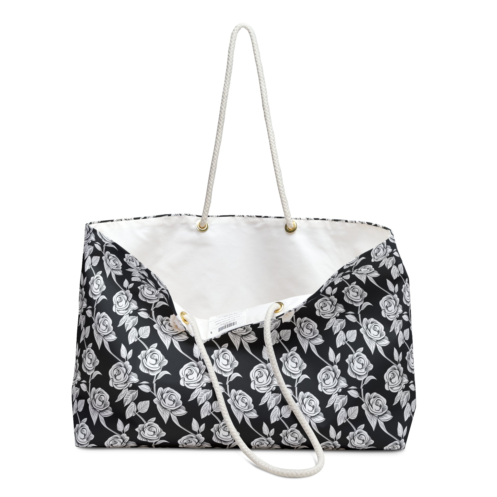 white rose on black luxury tote bag