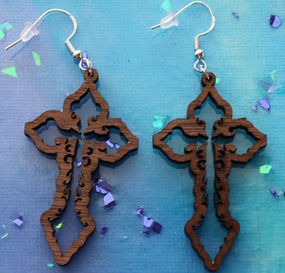 walnut wood cross earrings