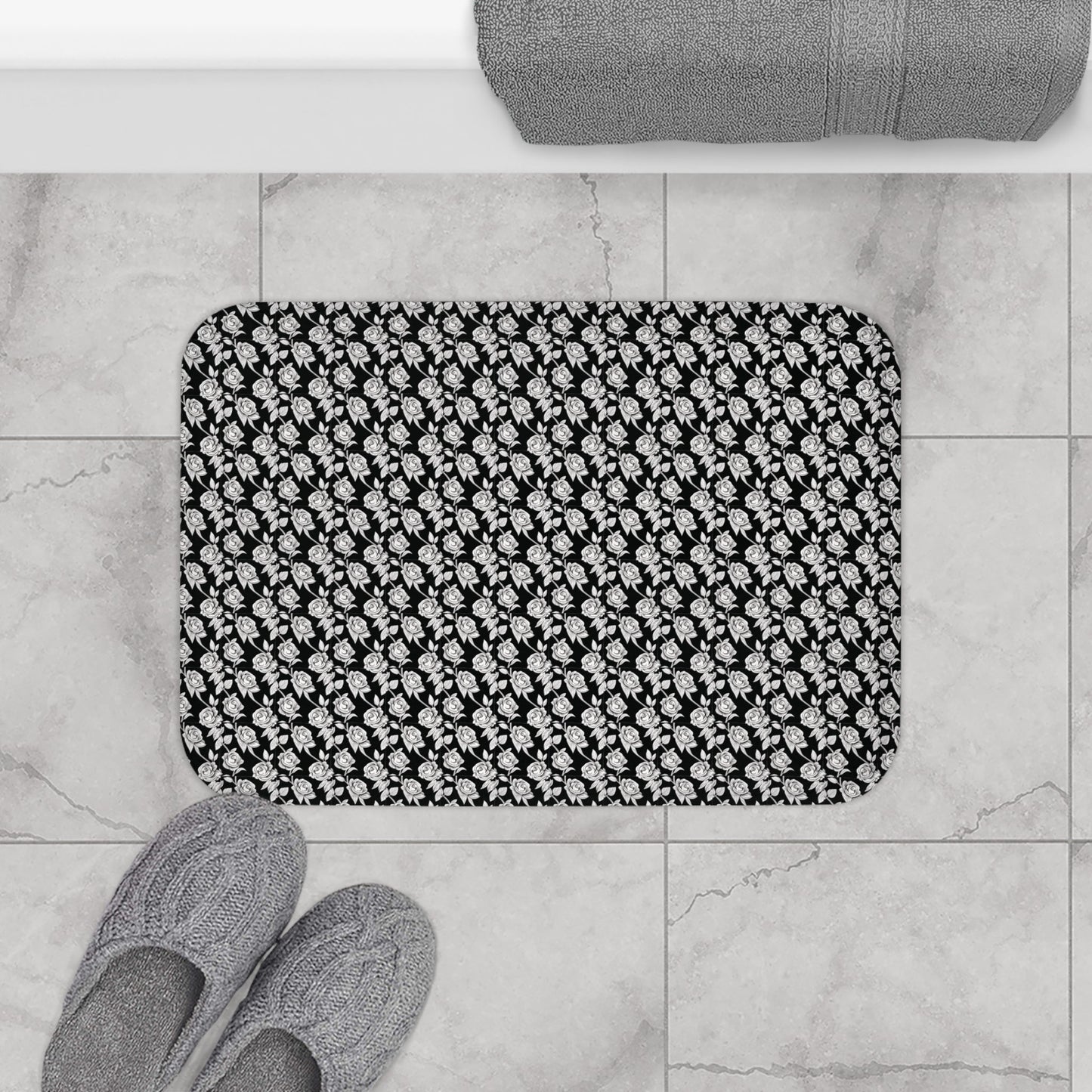 Black and White Floral Memory Foam Bath Mat - Ruppy's Creations