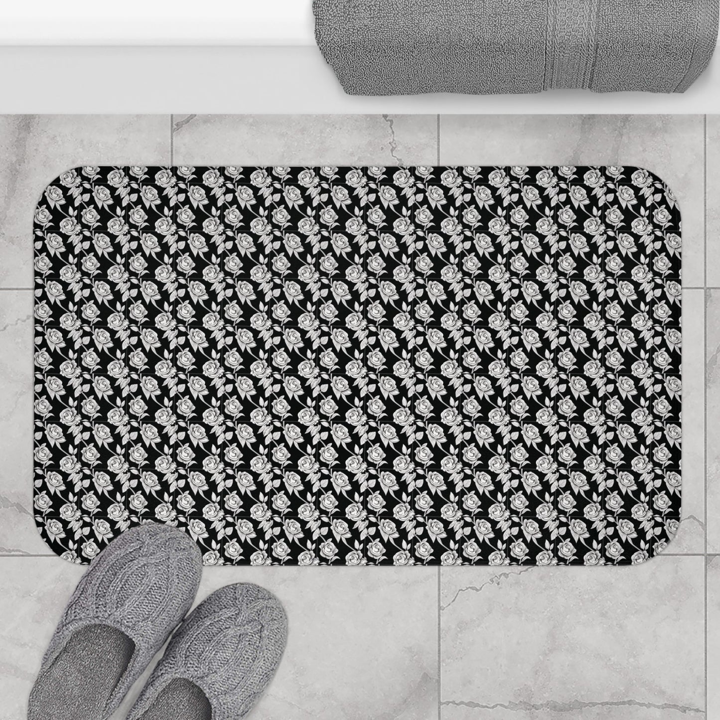 Black and White Floral Memory Foam Bath Mat - Ruppy's Creations