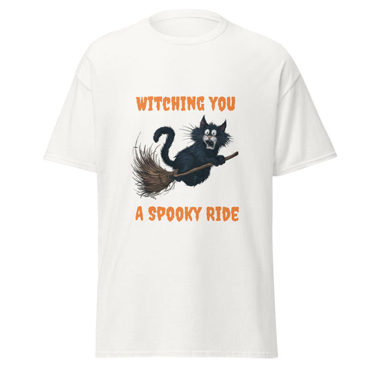 Black Cat & Broom Unisex Halloween T - shirt - Ruppy's Creations