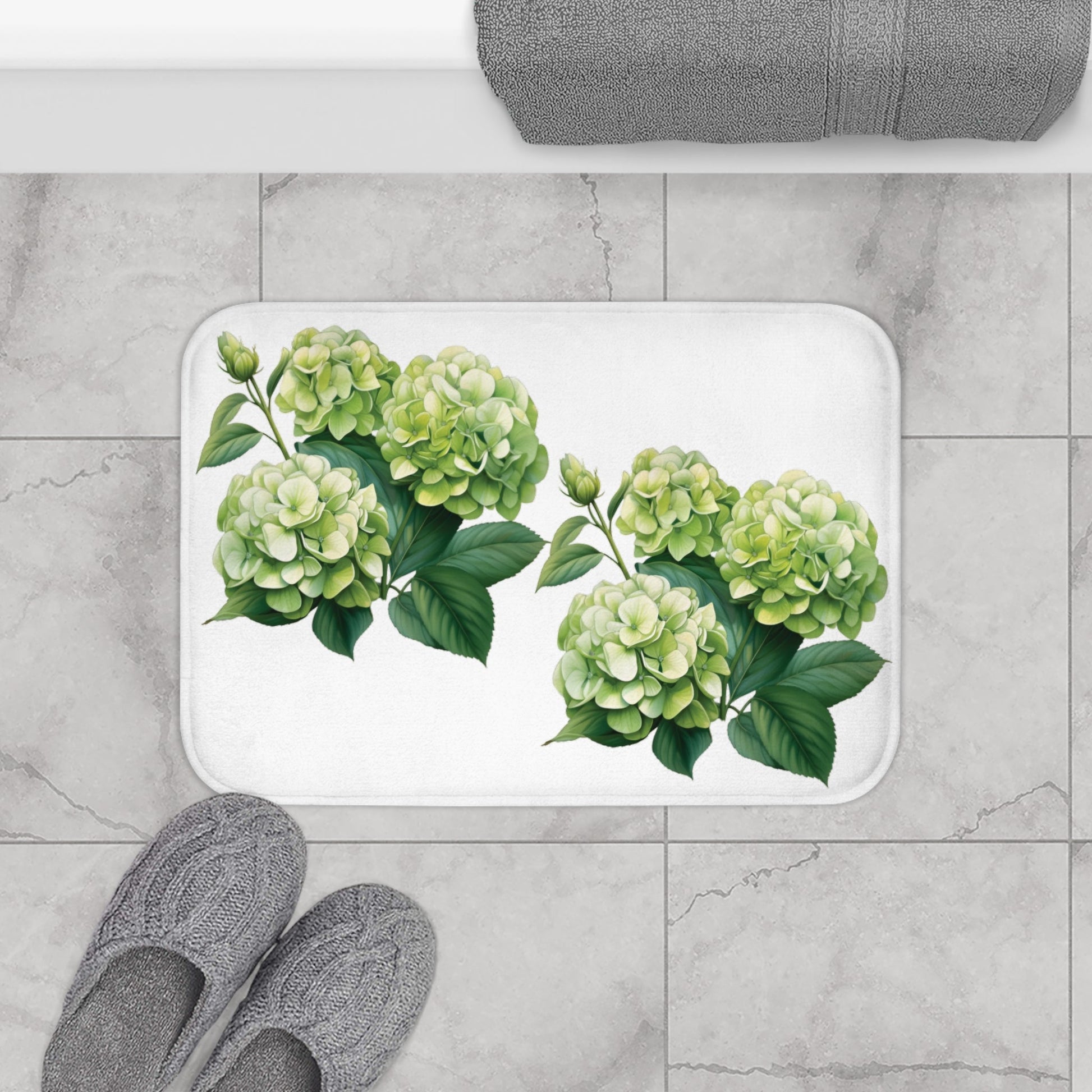 Green Hydrangea on White Memory Foam Bath Mat - Ruppy's Creations