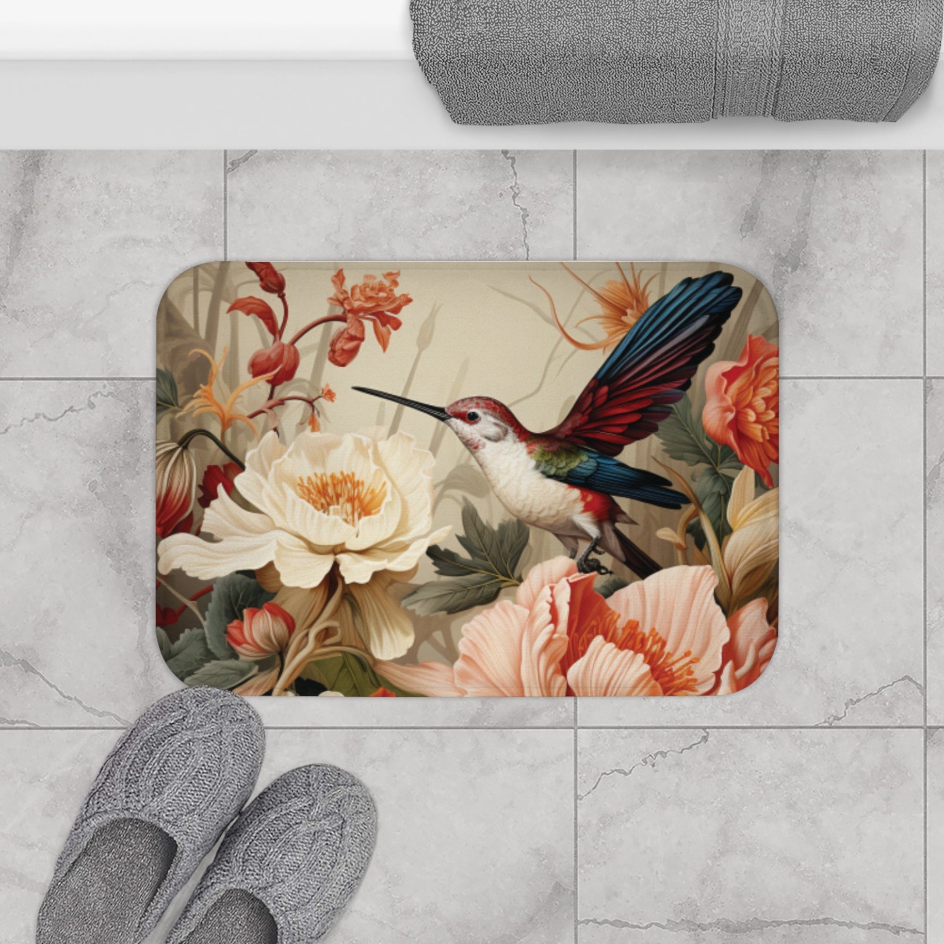 Hummingbird and Flowers Memory Foam Bath Mat - Ruppy's Creations