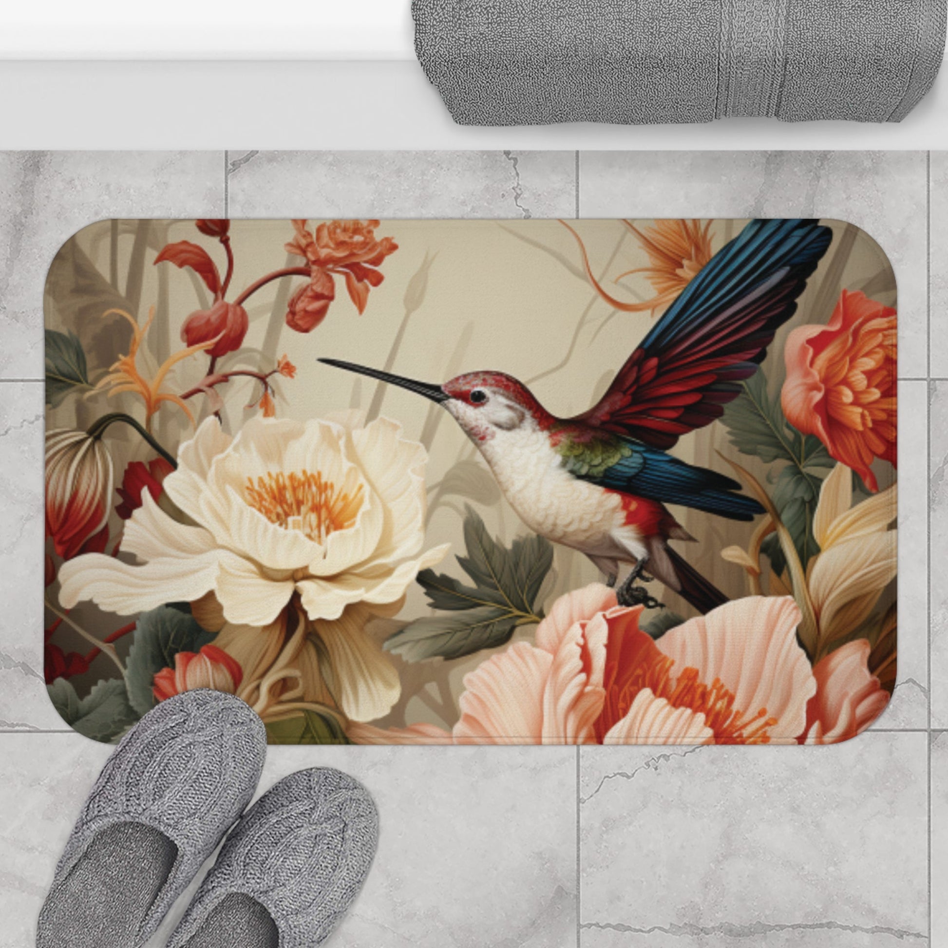 Hummingbird and Flowers Memory Foam Bath Mat - Ruppy's Creations