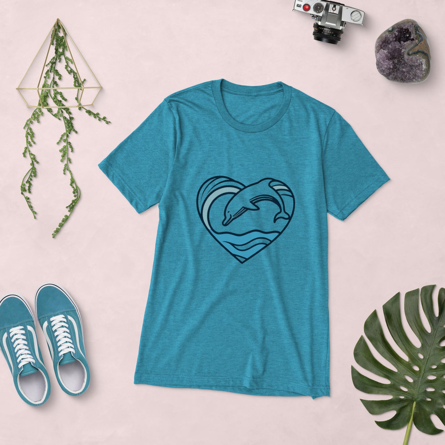 Dolphin Heart Wave Tri-Blend Women's Short Sleeve T-Shirt