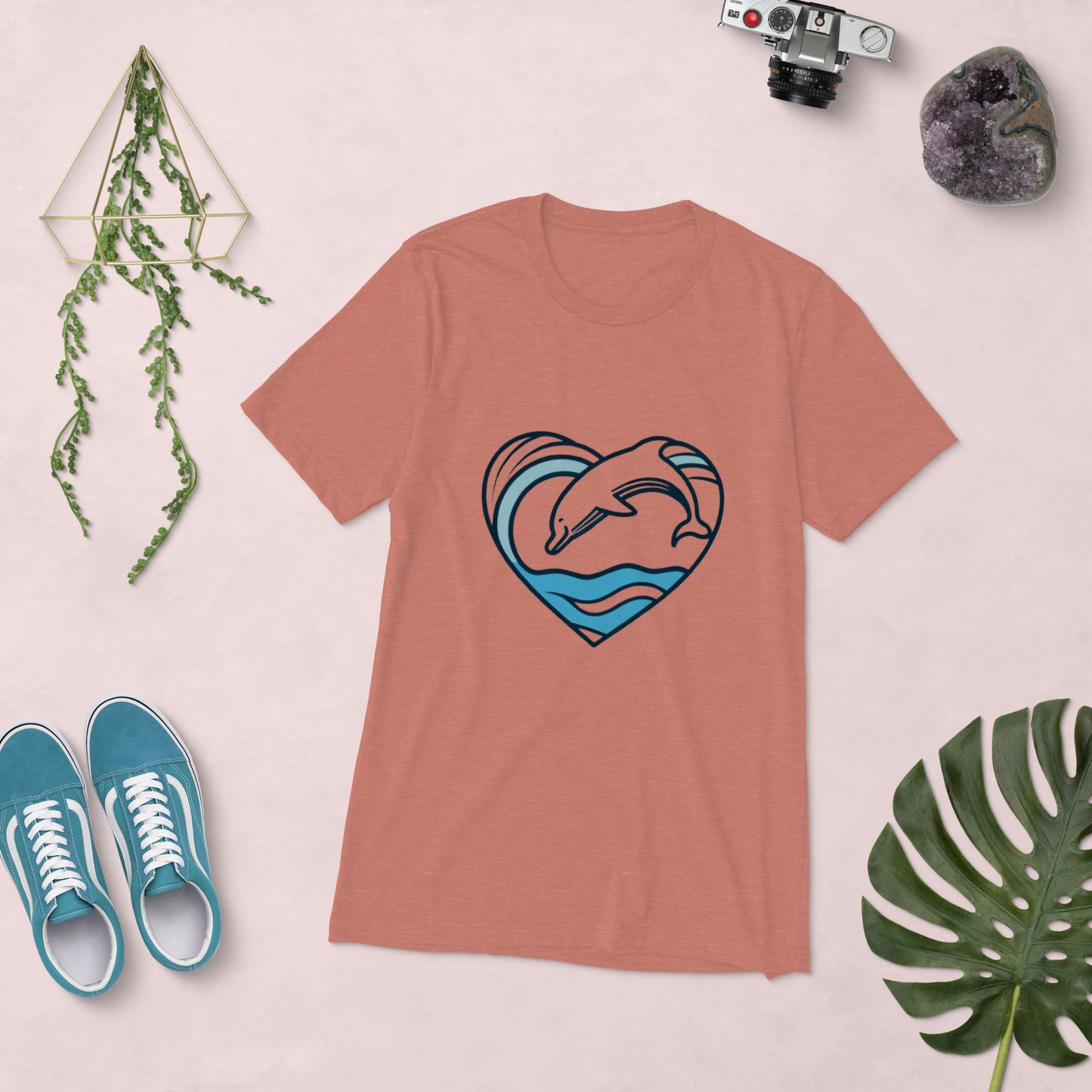 Dolphin Heart Wave Tri-Blend Women's Short Sleeve T-Shirt