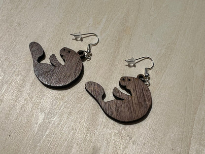 Walnut Wood Manatee Earrings - Ruppy's Creations