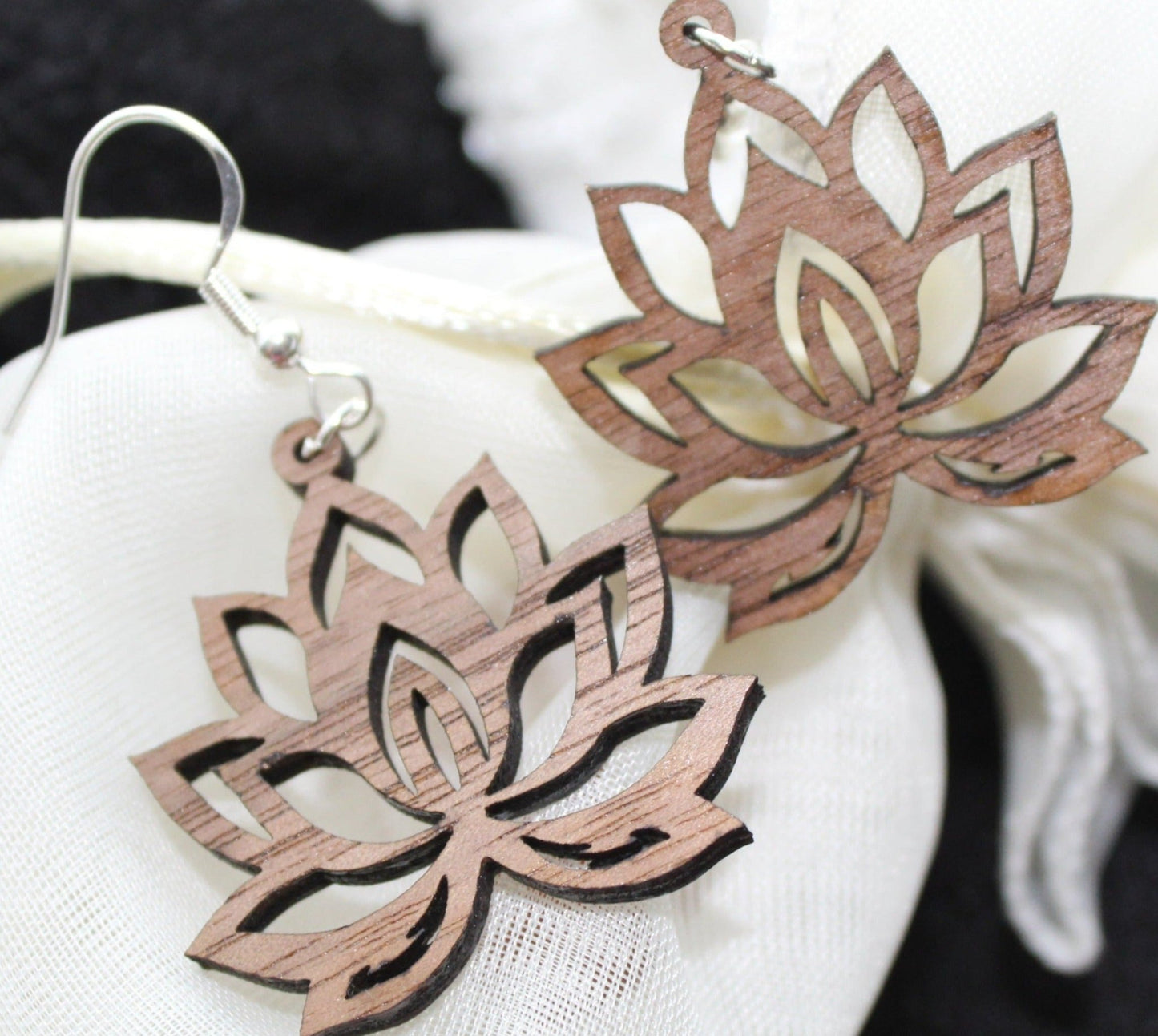 Walnut Wood Lotus Flower Earrings - Ruppy's Creations