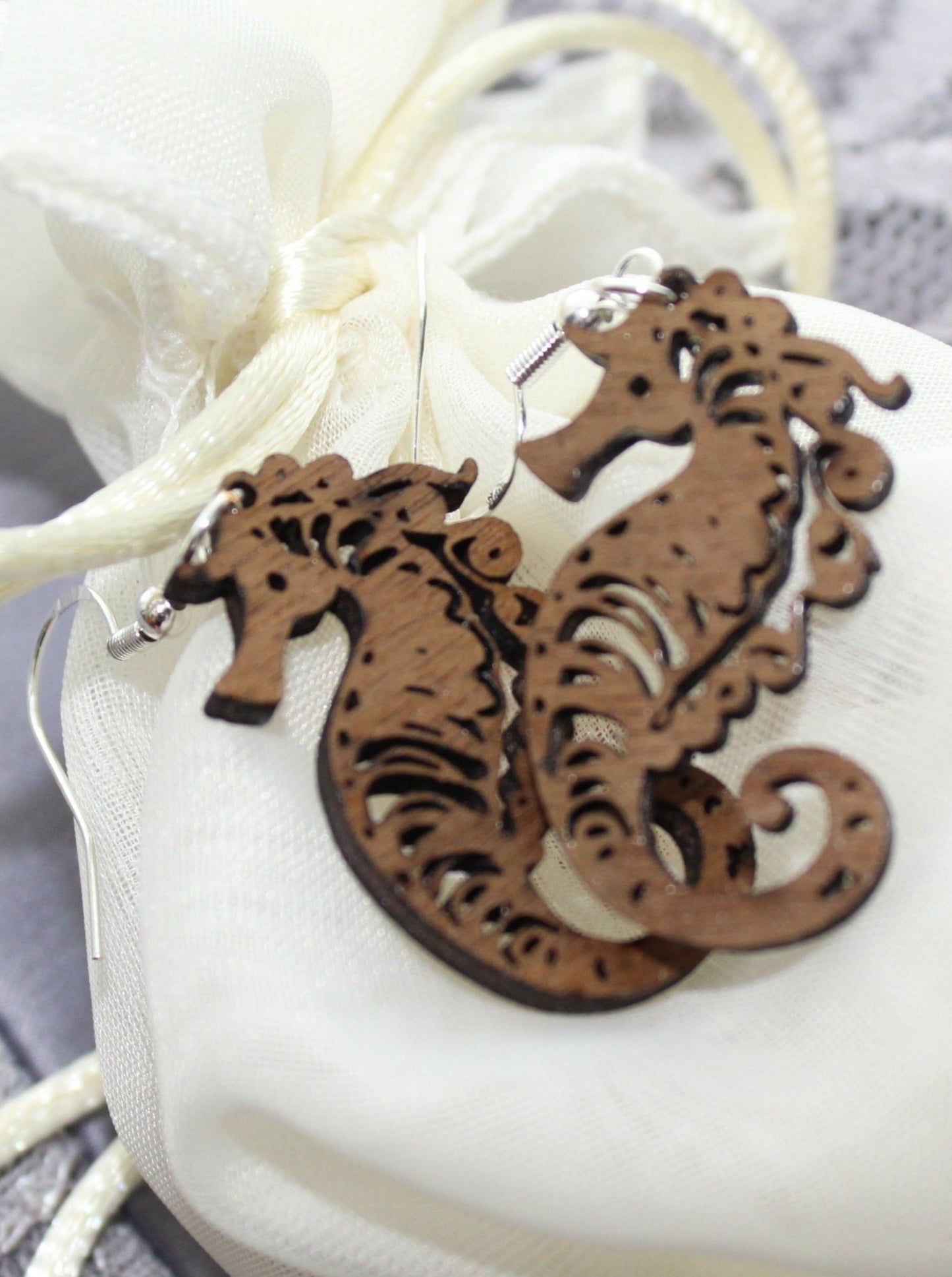 walnut wood seahorse earrings