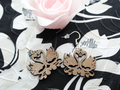 walnut wood swan earrings