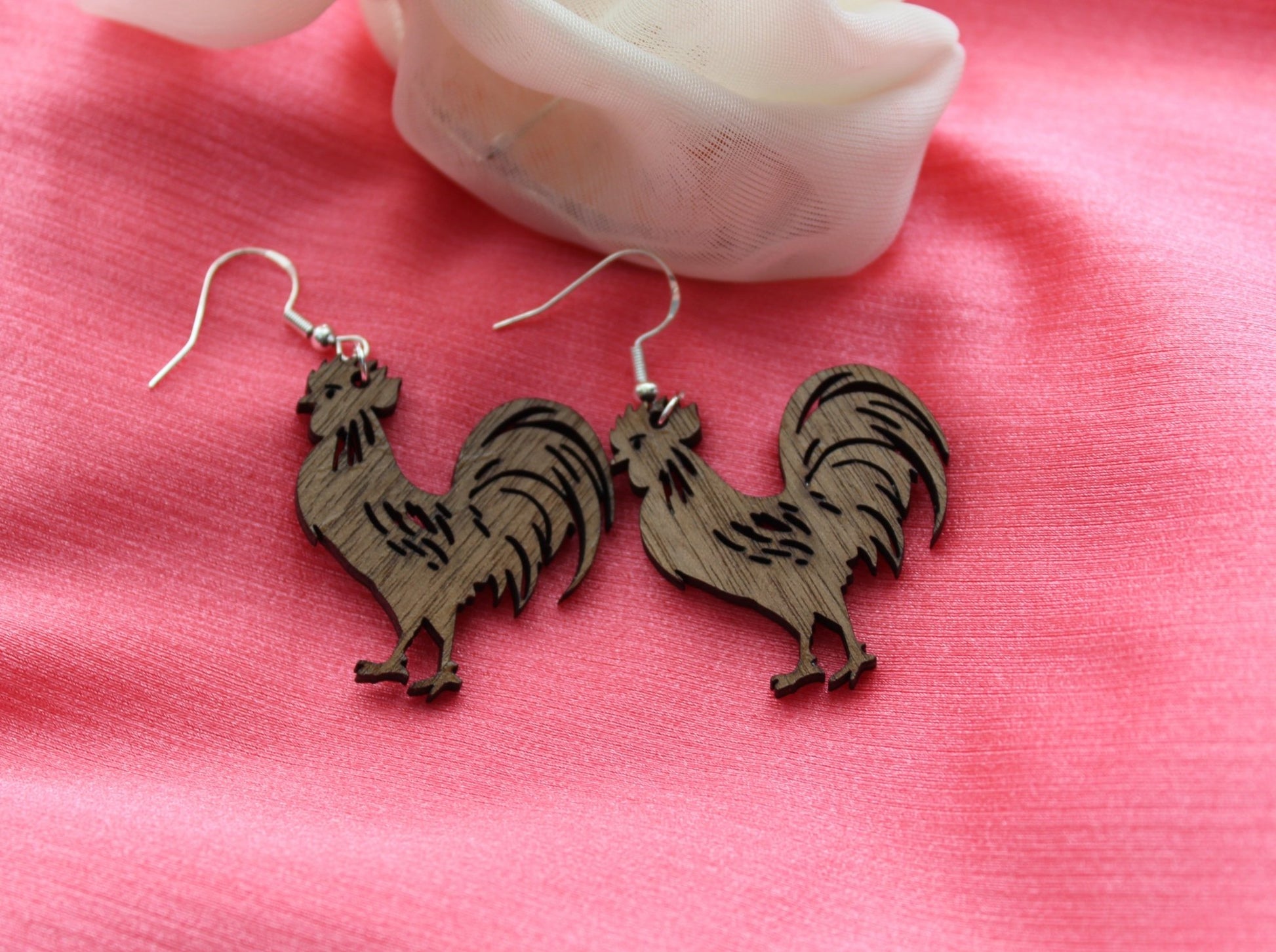 walnut wood rooster earrings