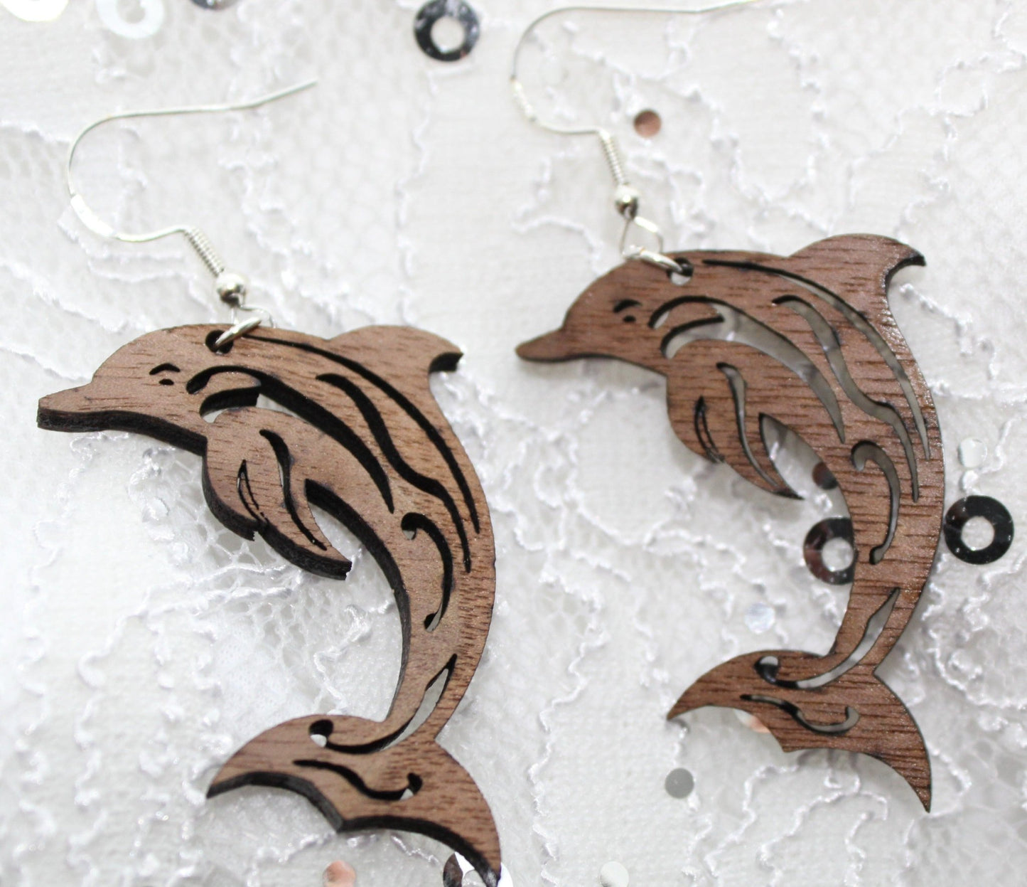 walnut wood dolphin earrings