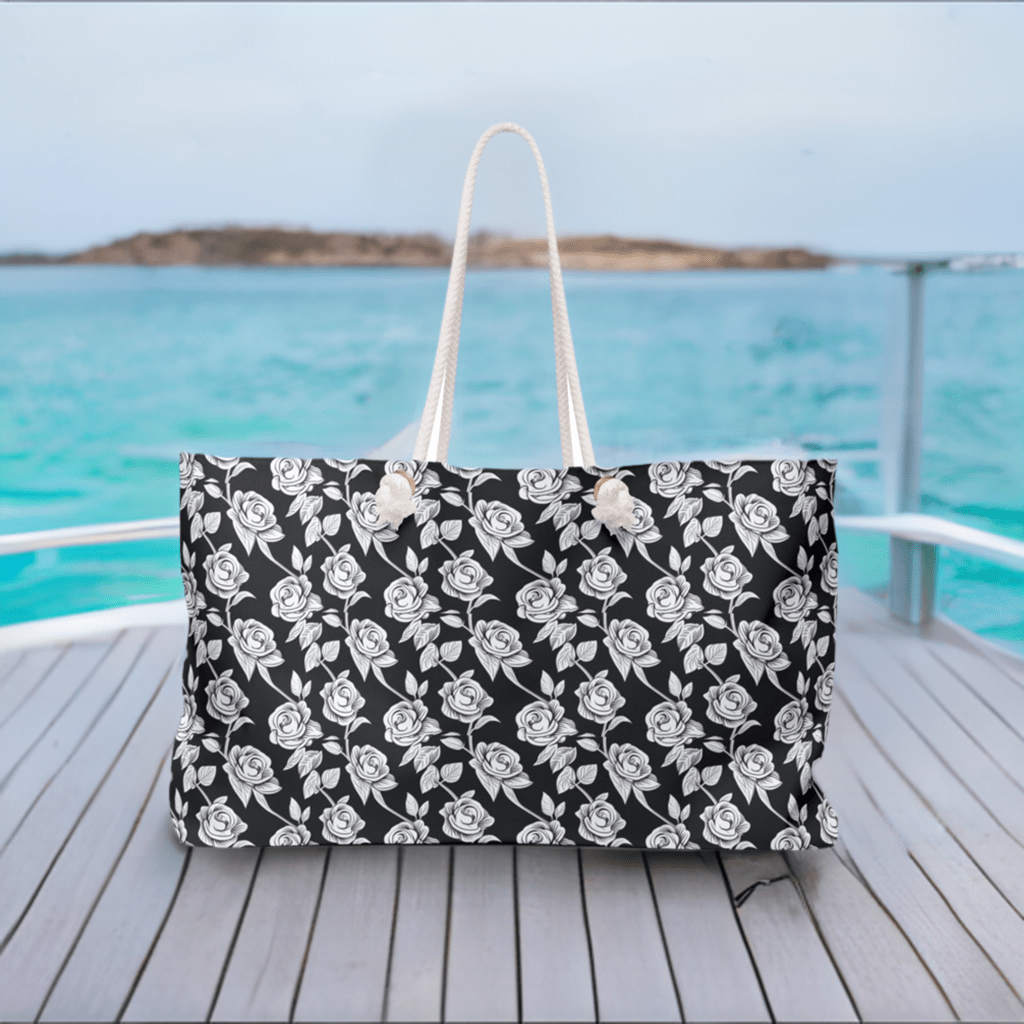 black and white weekend tote bag